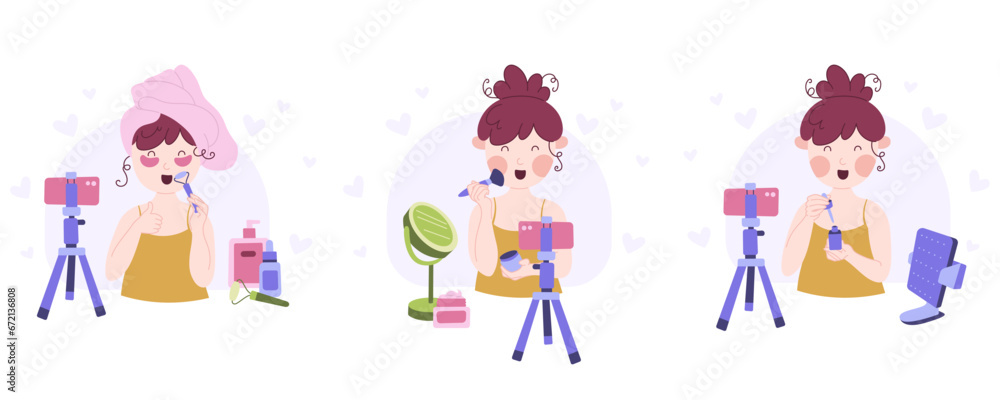 Beauty blogging concepts collection. Recording makeup tutorial video and cosmetics review. Set of vector cartoon flat illustrations. Beauty blogging concepts collection. Recording makeup tutorial video and cosmetics review. Set of vector cartoon flat illustrations.