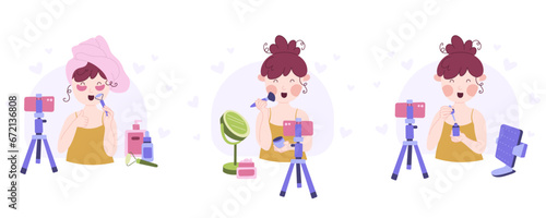 Beauty blogging concepts collection. Recording makeup tutorial video and cosmetics review. Set of vector cartoon flat illustrations. © Panna_Limon