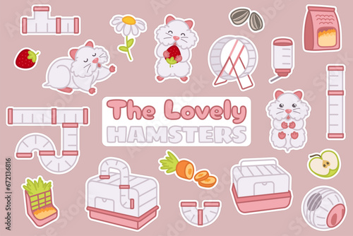 Set of items and food for hamsters. Cages, feed, toys and other equipment. Rodent stuff collection. Cute cartoon doodle illustrations.
