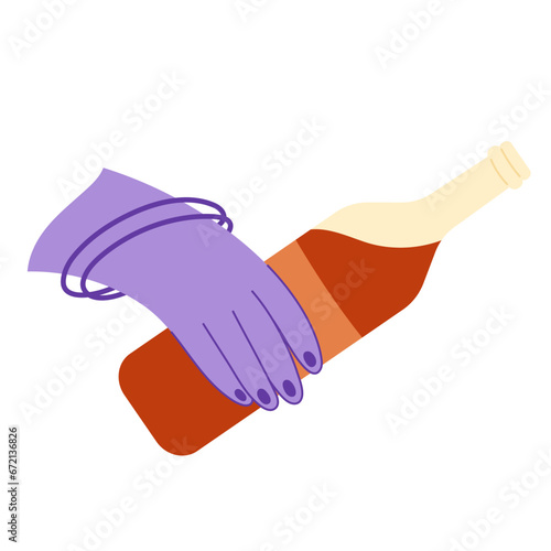 Female hand with a bottle of wine. Alcohol abuse addiction illustration. Mental health problems. Flat hand drawn icon.