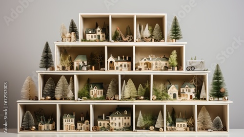 Christmas blessing boxes collection with pine tree for deride up layout plan. See from over photo
