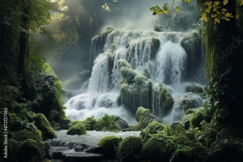 A waterfall cascading over rocks  creating a foamy spectacle as it hits the pool below in a tranquil forest setting