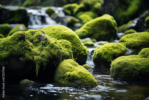 Moss-covered rocks surrounded by the foam of a swiftly running river, creating a serene yet dynamic natural setting