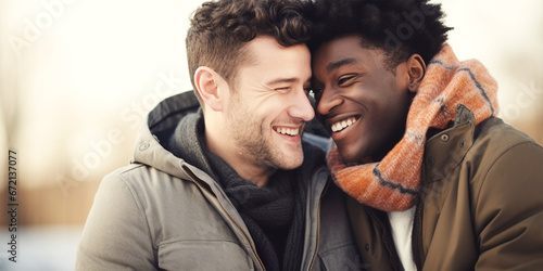 close up of happy young multiracial gay couple