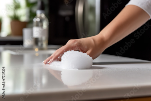  A sponge wiping away stubborn stains on a kitchen counter using a cleaning foam, ensuring a sanitary cooking space