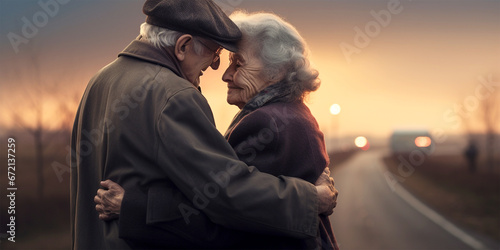 senior couple hugging in twilight