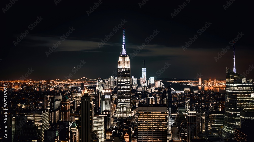 Stunning night view of night City's skyline, with skyscrapers illuminated by countless lights, and the iconic Building standing tall Photography