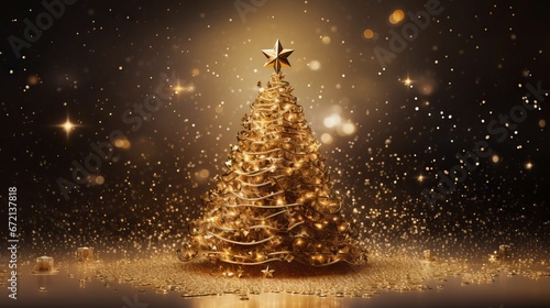 Golden sparkle Christmas tree on dark background