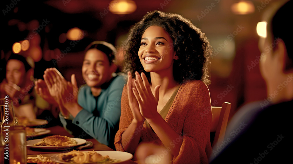 BEAUTIFUL AFRICAN AMERICAN WOMAN APPLAUDING AT A TABLE IN A RESTAURANT. legal AI BEAUTIFUL AFRICAN AMERICAN WOMAN APPLAUDING AT A TABLE IN A RESTAURANT. legal AI