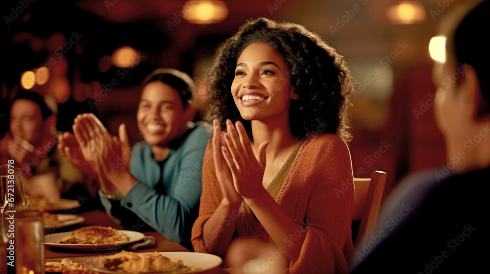 BEAUTIFUL AFRICAN AMERICAN WOMAN APPLAUDING AT A TABLE IN A RESTAURANT. legal AI