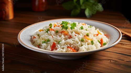 Appetizing sound rice with vegetables in white plate on a wooden table.