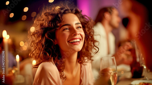 LAUGHING HAPPY WOMAN IN RESTAURANT AT PARTY. legal AI