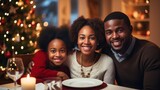 African American Family cheerful together. Grinning Individuals celebrating Christmas