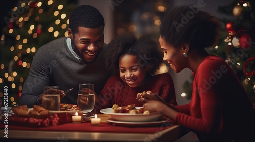 African American Family cheerful together. Grinning Individuals celebrating Christmas