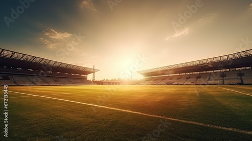 Football ground at sunset with warm colors and a sense of nostalgia, artistic depiction capturing the beauty of the sport and the venue