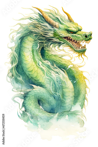 Green watercolor style dragon isolated on white background. Chinese New Year 2024 zodiac sign, year of the Dragon. Mythological creature. Illustration of fantastic monster for postcard, book, poster