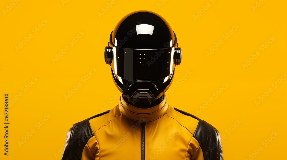 futuristic astronaut potrait in space suit with black helmet on yellow background
