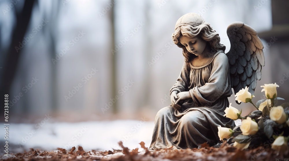sad angel statue at the cemetery with copy space for text, funeral concept - obrazy, fototapety, plakaty 