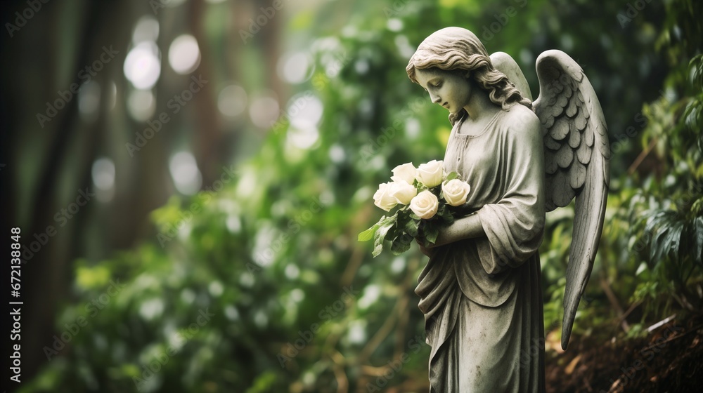 Fototapeta premium Angel statue at the cemetery with white flowers, copy space for text, funeral concept
