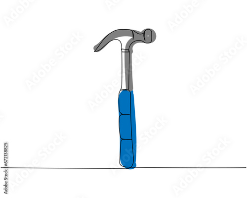 Hammer, nail puller, construction tool one line art. Continuous line color drawing of repair, professional, hand, people, concept, support, maintenance.