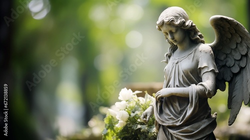 Angel statue at the cemetery, with white flowers on blurry green background, copy space for text, funeral concept