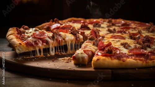 A cut of firm pizza with meat and cheese