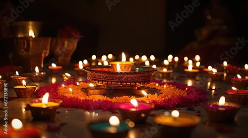 Diwali night Intricately designed Diwali lamp pradip with ornate patterns and bright colors, creating a visually striking and culturally rich image,