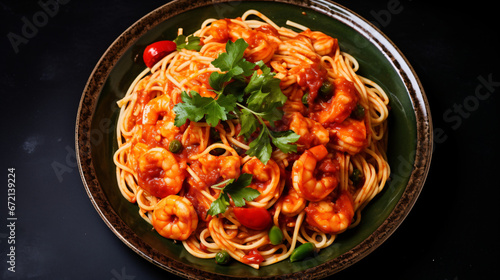 Top view of spicy shrimp spaghetti in tomato sauce