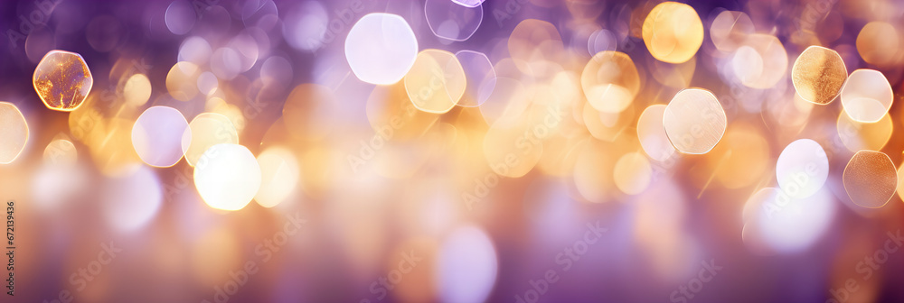 Christmas bokeh lights blurred background in gold and purple colors banner