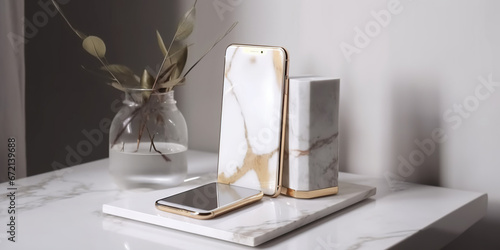 Two phones rest on a beautiful white table