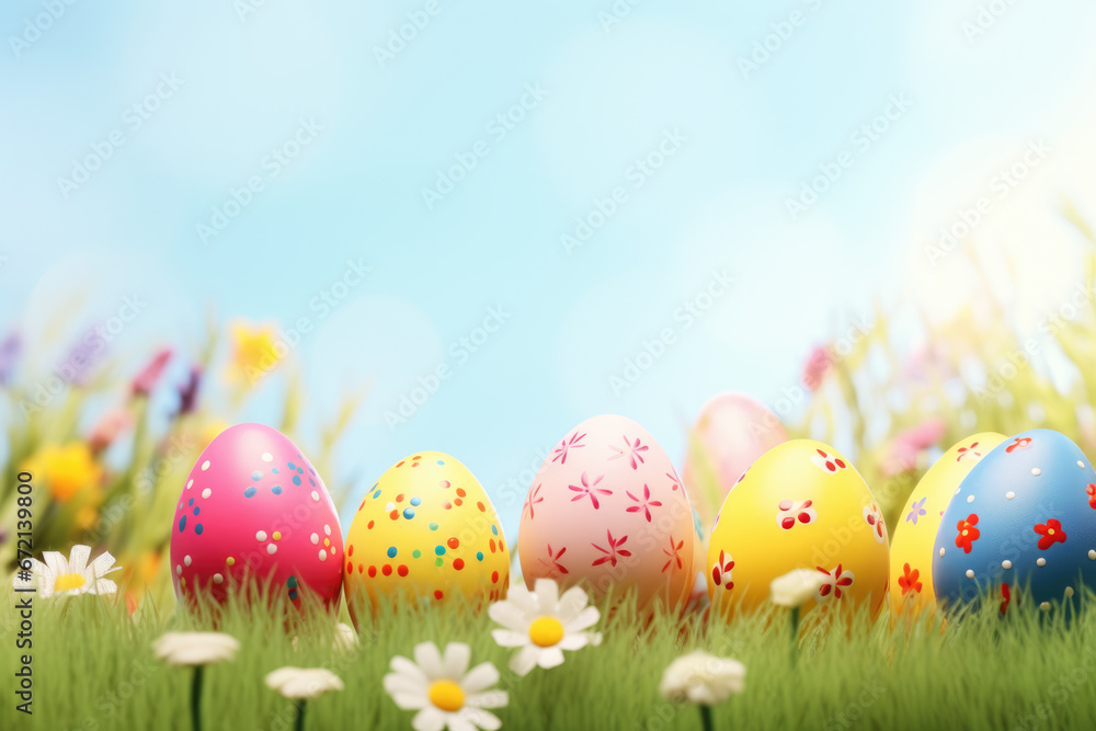 easter eggs with flowers and green grass background.