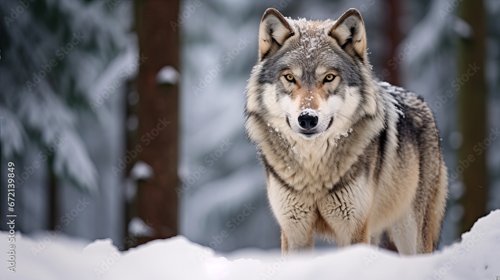 Eurasian wolf in white winter territory wonderful winter timberland