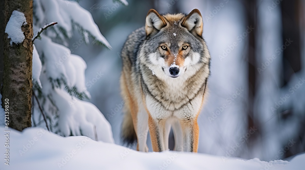 Eurasian wolf in white winter territory wonderful winter timberland