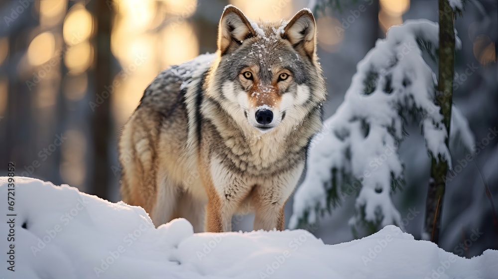 Naklejka premium Eurasian wolf in white winter territory wonderful winter timberland