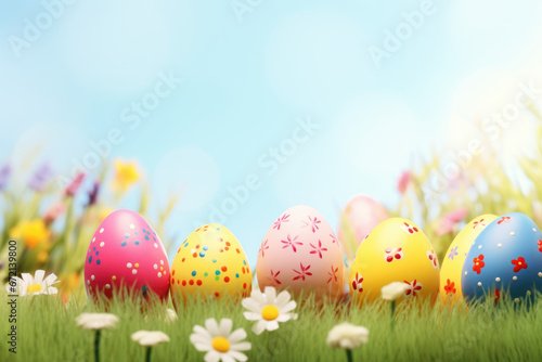 easter eggs with flowers and green grass background.
