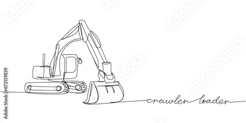 Heavy Construction Equipment, Excavator, backhoe loader, crawler loader one line art. Continuous line drawing of repair, professional, hand with inscription, lettering, handwritten.