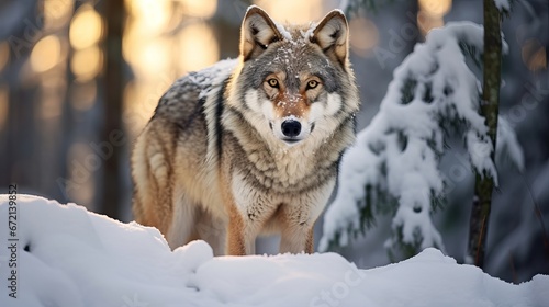 Eurasian wolf in white winter territory wonderful winter timberland