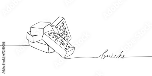 Bricks, construction, building walls, building materials one line art. Continuous line drawing of repair, professional, hand, people, support, maintenance with inscription, lettering, handwritten.