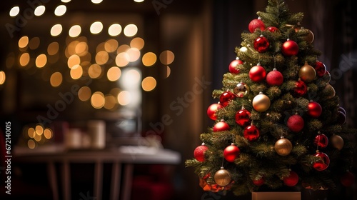 Festive Christmas tree decorated with colorful baubles and sparkling lights in a cozy living room