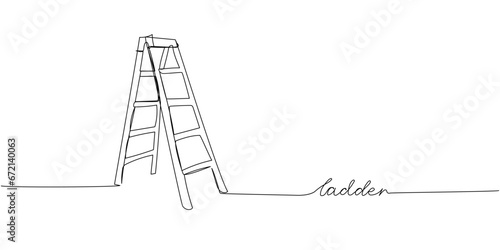 Stepladder, steps, construction ladder one line art. Continuous line drawing of repair, professional, hand, people, concept, support, maintenance with inscription, lettering, handwritten.