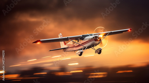 Propeller aircraft on blurred motion sunset