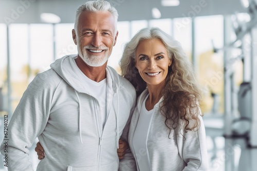 senior woman man exercise gym fitness couple sport healthy elderly health training active happy portrait old fit mature female adult workout body vitality photo