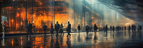 Photo of a group of business people walking down a street at night