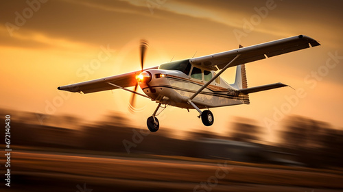 Propeller aircraft on blurred motion sunset
