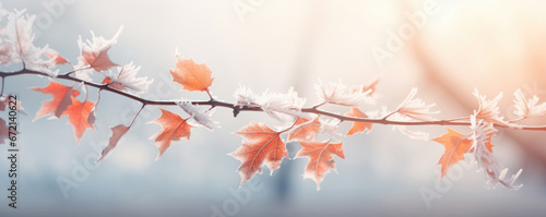 Beautiful frozen branch with orange and yellow maple leaves in the forest. Autumn winter background