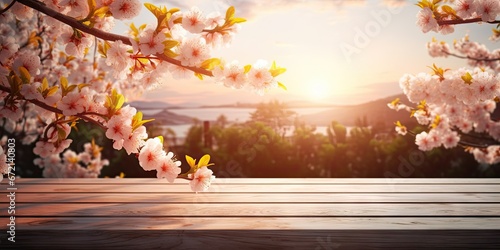 Sakura splendor with empty wooden table. Capturing ethereal beauty of spring blossoms in japan. Cherry blossom elegance. Exploring delicate flora of in japanese gardens
