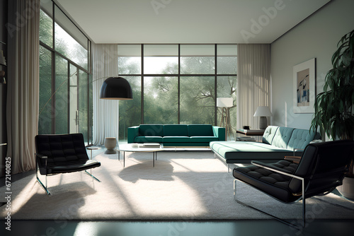 Bauhaus style interior of living room in teal colors iwith large windows photo