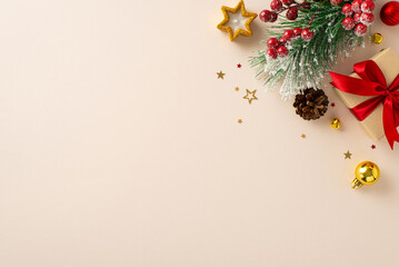 Share your warm wishes with this image idea. Top view of magnificent giftbox with red ribbon, sparkling ornaments, frosty fir, cone, holly berries, candle on light backdrop, ready for personalized ad