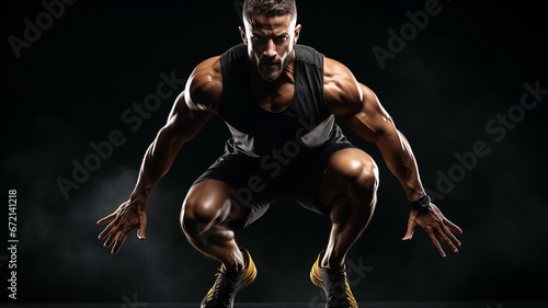Athletic man on black background with copy space.
