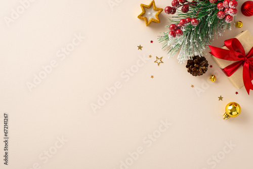 Share your warm wishes with this image idea. Top view of magnificent giftbox with red ribbon, sparkling ornaments, frosty fir, cone, holly berries, candle on light backdrop, ready for personalized ad photo